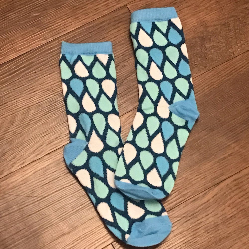 Well worn baby Blue & soft pastel green Teardrop Pattern Crew Socks used socks